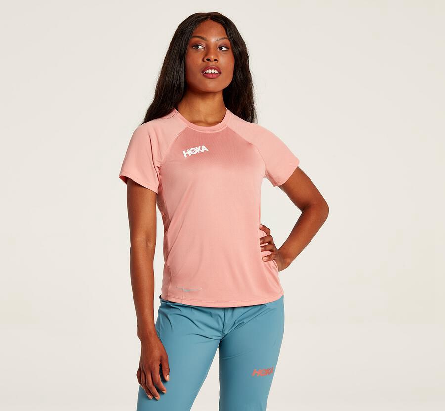 Hoka One One Performance Kort Sleeve Top Dam - Rosa - UWSFK-3978